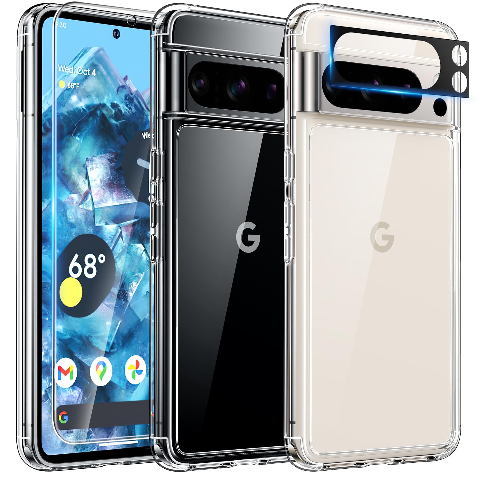 TAURI for Google Pixel 8 Pro Case, [5 in 1] 1X Clear Case [Not-Yellowing] with 2X Screen Protector + 2X Camera Lens Protector, [Military Grade Protection] Slim Case for Pixel 8 Pro