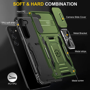 ANNGELAS for Samsung Galaxy S23 Plus Phone Case, Shockproof Silicone TPU Bumper Anti-Fall Protection Cases, Slide Camera Cover & Rotating Ring Kickstand for Galaxy S23 Plus 6.6Inch 5G, Olive Green