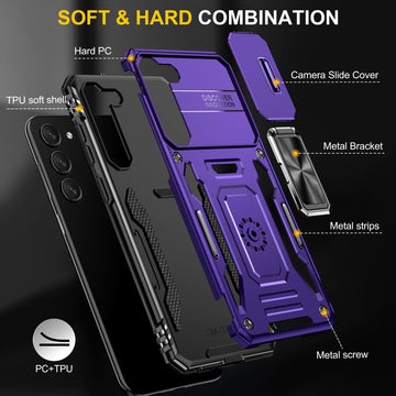 ANNGELAS for Samsung Galaxy S23 Plus Phone Case, Shockproof Silicone TPU Bumper Anti-Fall Protection Cases, Slide Camera Cover & Rotating Ring Kickstand for Galaxy S23 Plus 6.6Inch 5G, Deep Purple