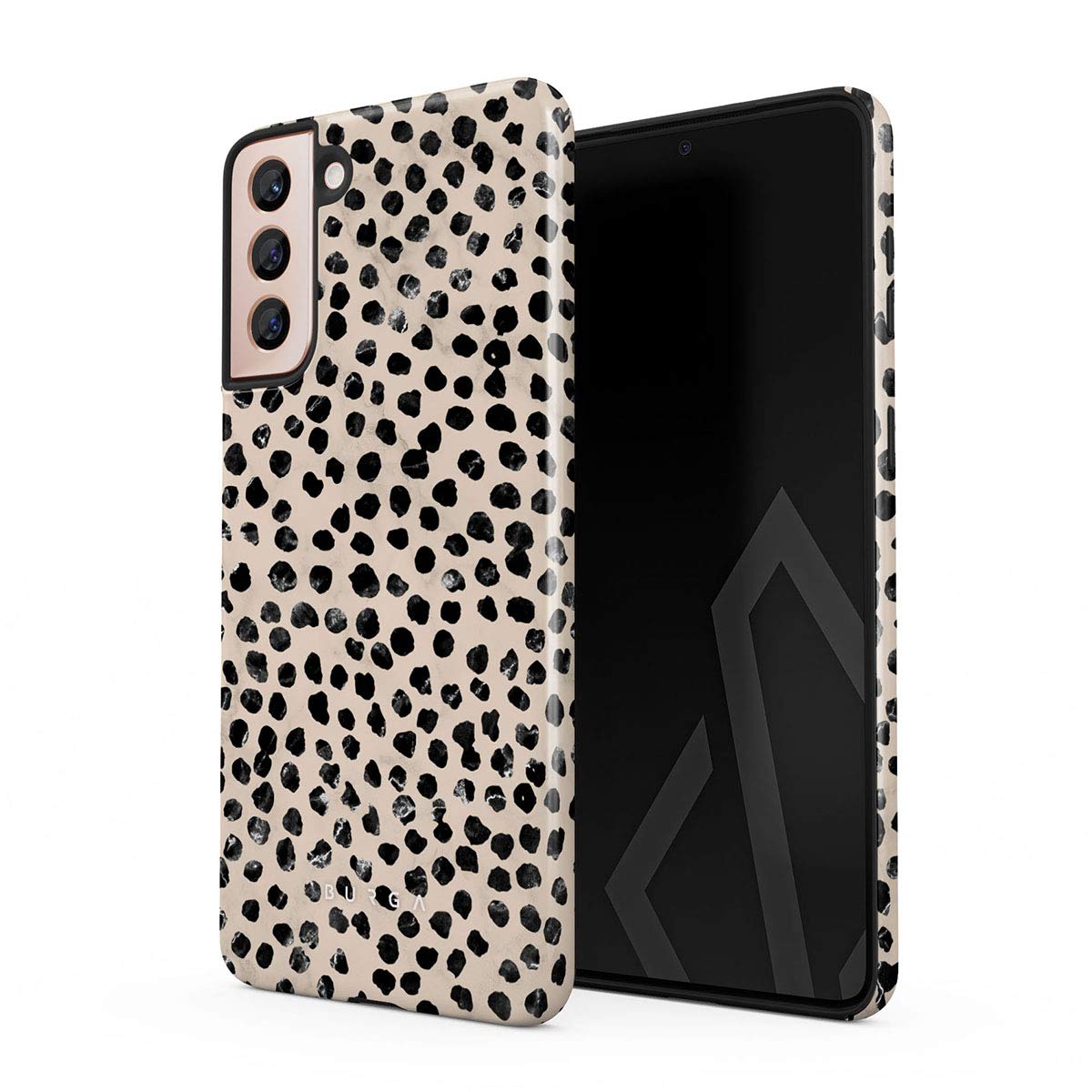 BURGA Phone Case Compatible with Samsung Galaxy S21 Plus - Hybrid 2-Layer Hard Shell + Silicone Protective Case -Black Polka Dots Pattern Nude Almond Latte - Scratch-Resistant Shockproof Cover