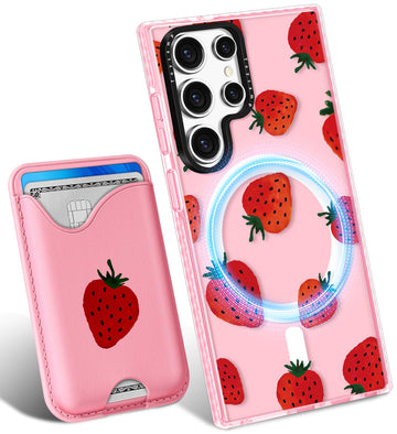 Toycamp for Samsung Galaxy S24 Ultra Case - Compatible with Magsafe Credit Card Holder Wallet Magnetic Girls Cute Girly Teens Kawaii Unique Strawberry Design Phone Cover ffor Galaxy S24 Ultra