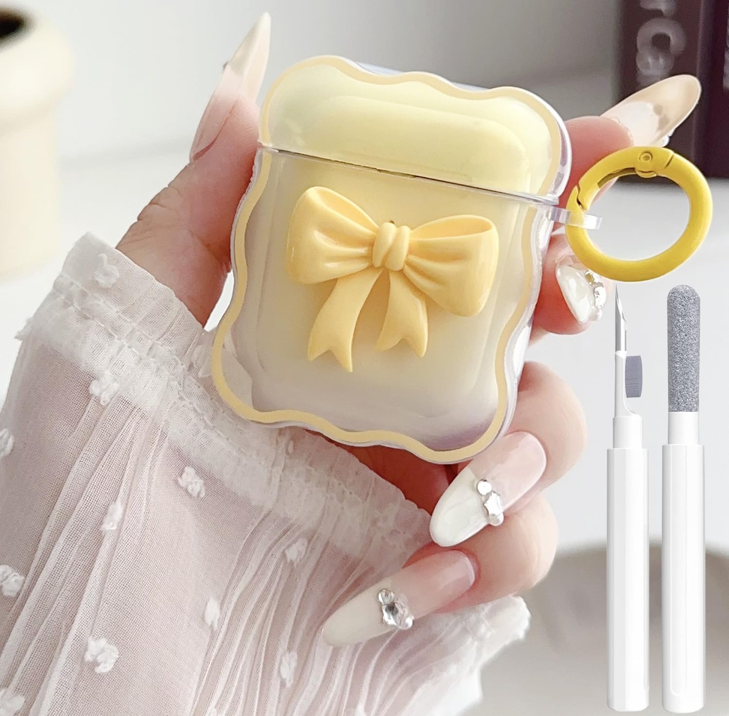 Cute AirPods 2/1 Generation Clear Case, Girly 3D Bow Design Soft TPU Protective Shockproof Kawaii Apple iPod 2nd/1st Generation Cover with Cleaner Kit & Keychain Girls Women - Yellow Bow