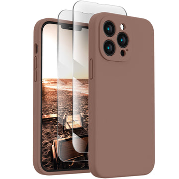 FireNova Designed for iPhone 13 Pro Max Case, Silicone [Camera Protection] Phone Case with [2 Screen Protectors], Soft Anti-Scratch Microfiber Lining Inside, 6.7 inch, Light Brown