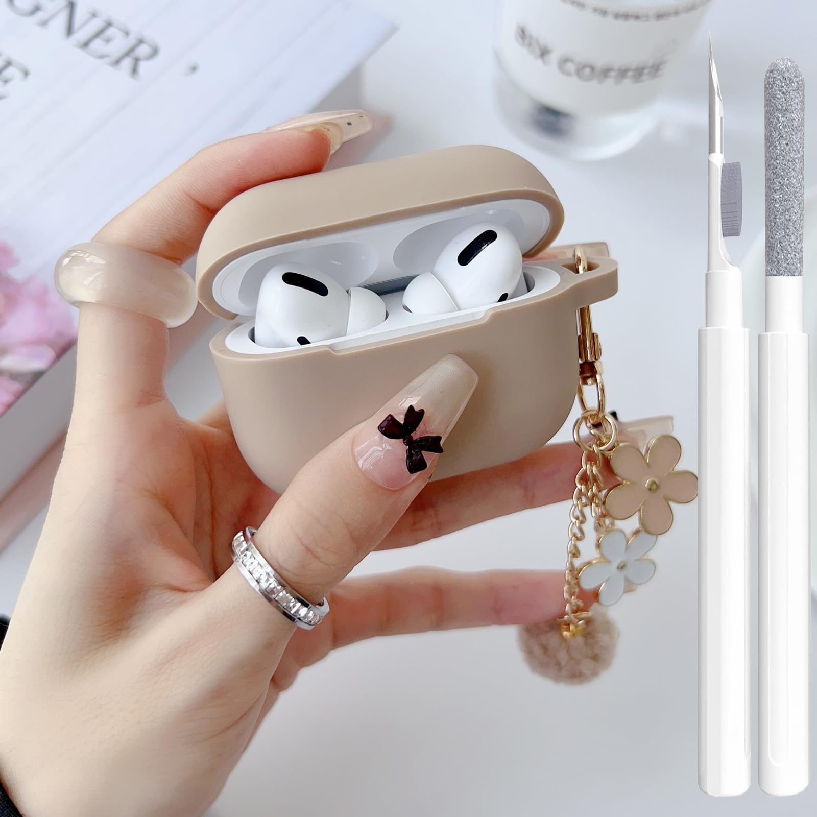 Cute Case for Airpods Pro 2nd/1st Generation Cover for Girl Women with Pom pom Flower Keychain & Cleaner Kit, Soft Silicone Protective Skin for Airpods Pro 2/1 Gen 2019/2023/2022, Milk Tea