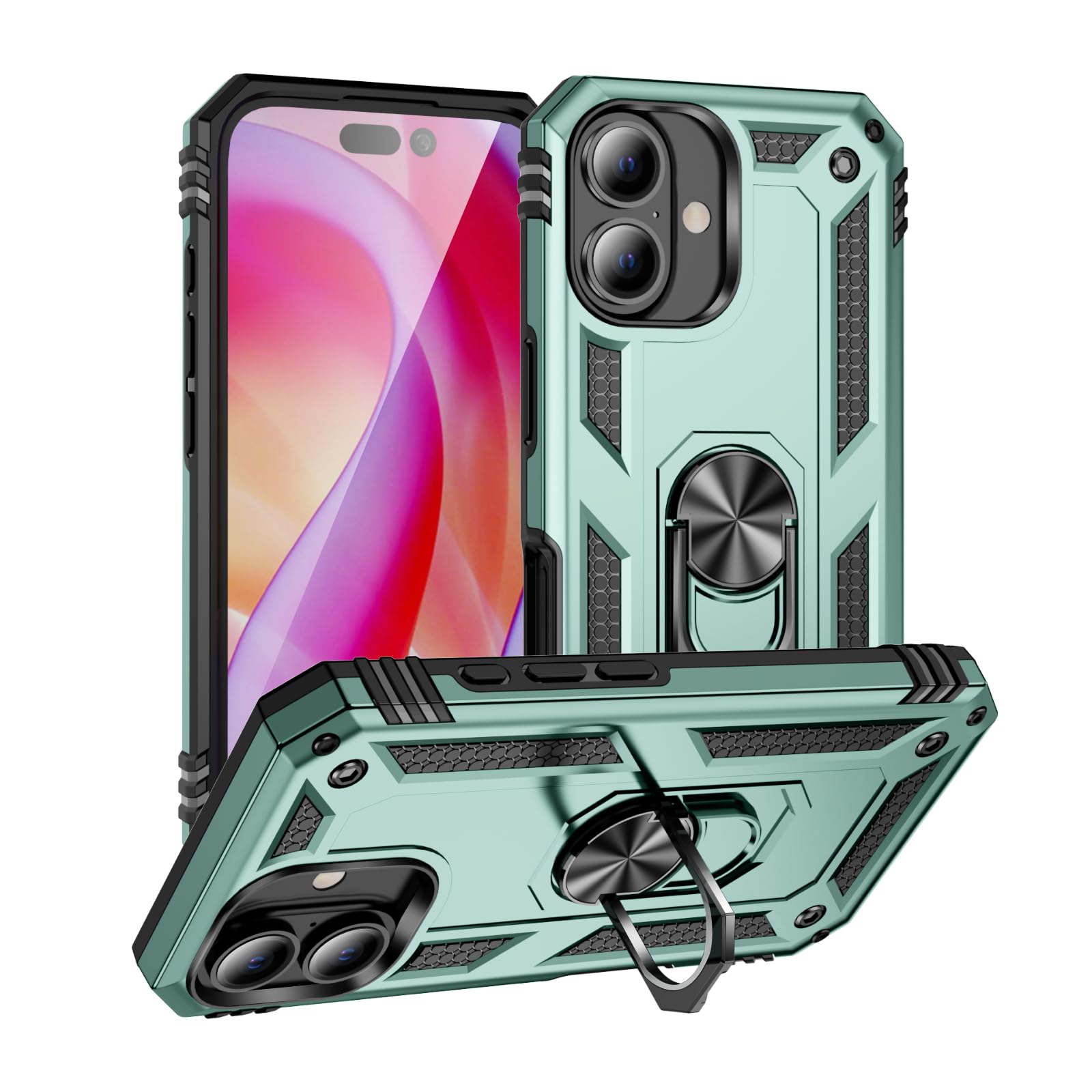 16 Plus Phone Case with Kickstand,Military Shockproof Shell for iPhone 16 Plus Case Heavy Duty Rugged Protection Cover for Apple iPhone 16 Plus 6.7-Inch Jade Green