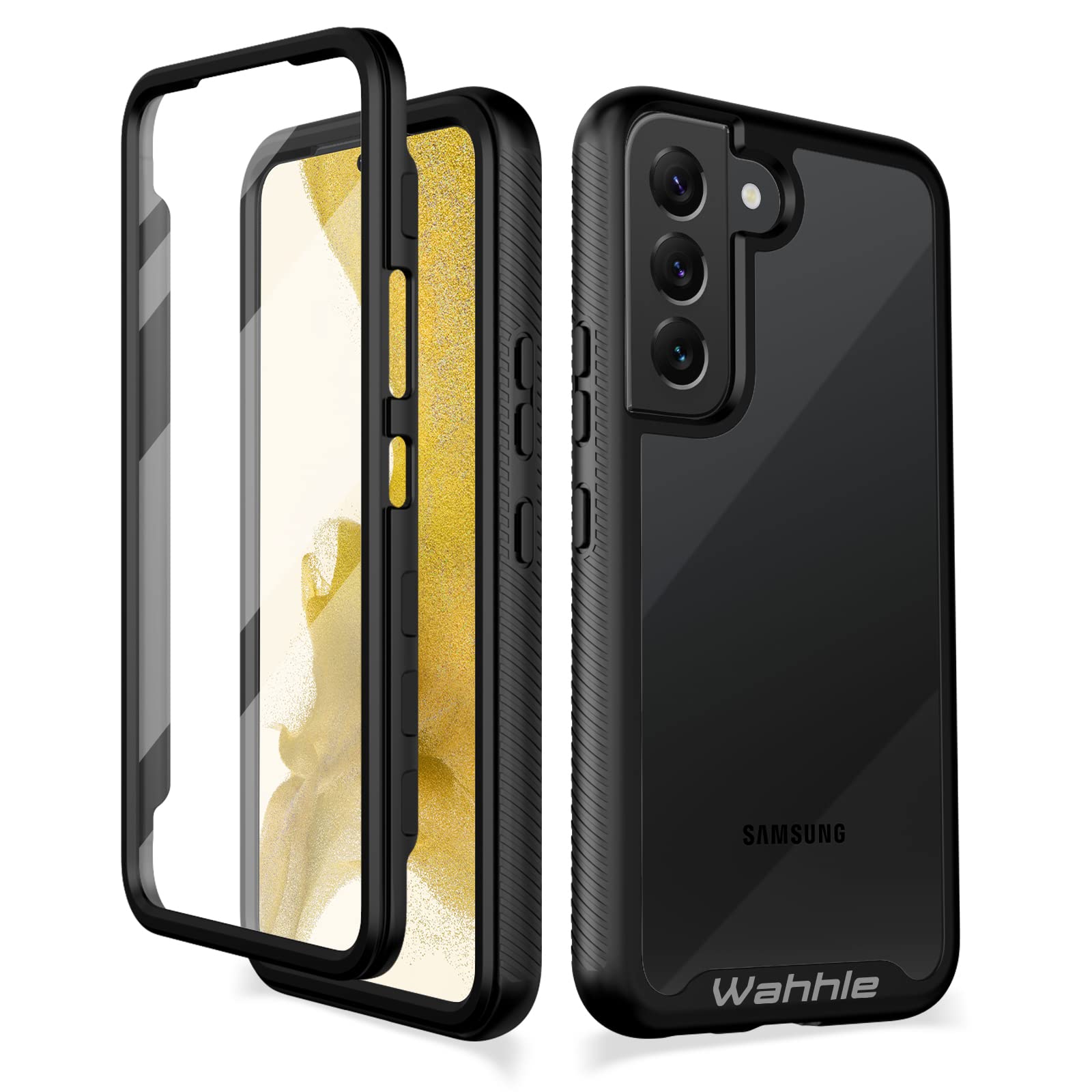 wahhle Compatible with Samsung Galaxy S22+ Plus Case, Built in Screen Protector Full Body Shockproof Slim Fit Bumper Protective Phone Cover for Samsung S22+ Plus 5G-Black/Clear