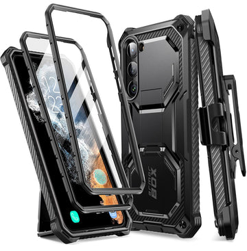 i-Blason Armorbox for Samsung Galaxy S23 Plus Case with Stand & Belt-Clip [Built-in Screen Protector] [2 Front Frames] [Military-Grade Protection] Full-Body Rugged Bumper Case with Kickstand (Black)