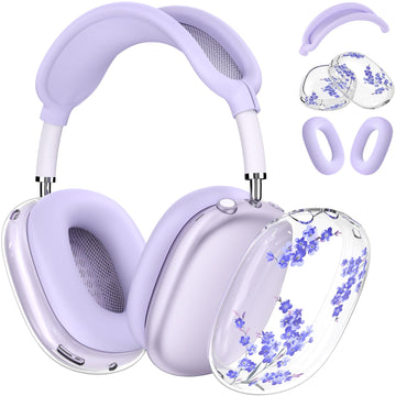 Silicone Case for AirPods Max Headphones,Clear Flower Soft TPU Ear Cups Cover,Ear Pad Case Cover,Headband Cover for AirPod Max(2020),Transparent Case for Apple AirPods Max USB-C(2024) for Women,Purple