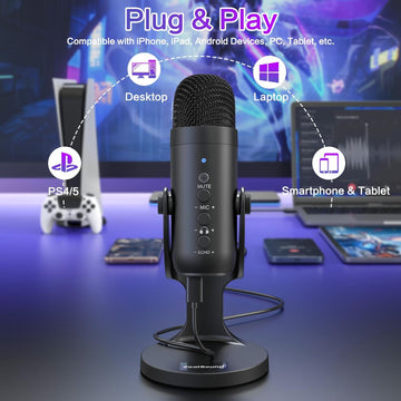 ZealSound USB Gaming Mic: Plug & Play, Headphone Output, Black