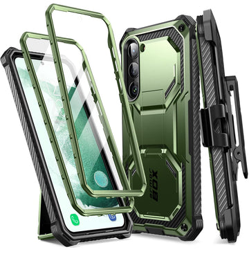 i-Blason Armorbox for Samsung Galaxy S23 Plus Case with Stand & Belt-Clip [Built-in Screen Protector] [2 Front Frames] [Military-Grade Protection] Full-Body Rugged Bumper Case with Kickstand (Green)