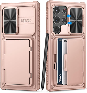 BXYJY for Samsung Galaxy S23 Ultra Case with Card Holder (4-5 Cards) & Slide Lens Cover & Kickstand, Rugged Anti-Drop Wallet Phone Case Cover Compatible with Samsung S23 Ultra 5g 2023, Rose Gold