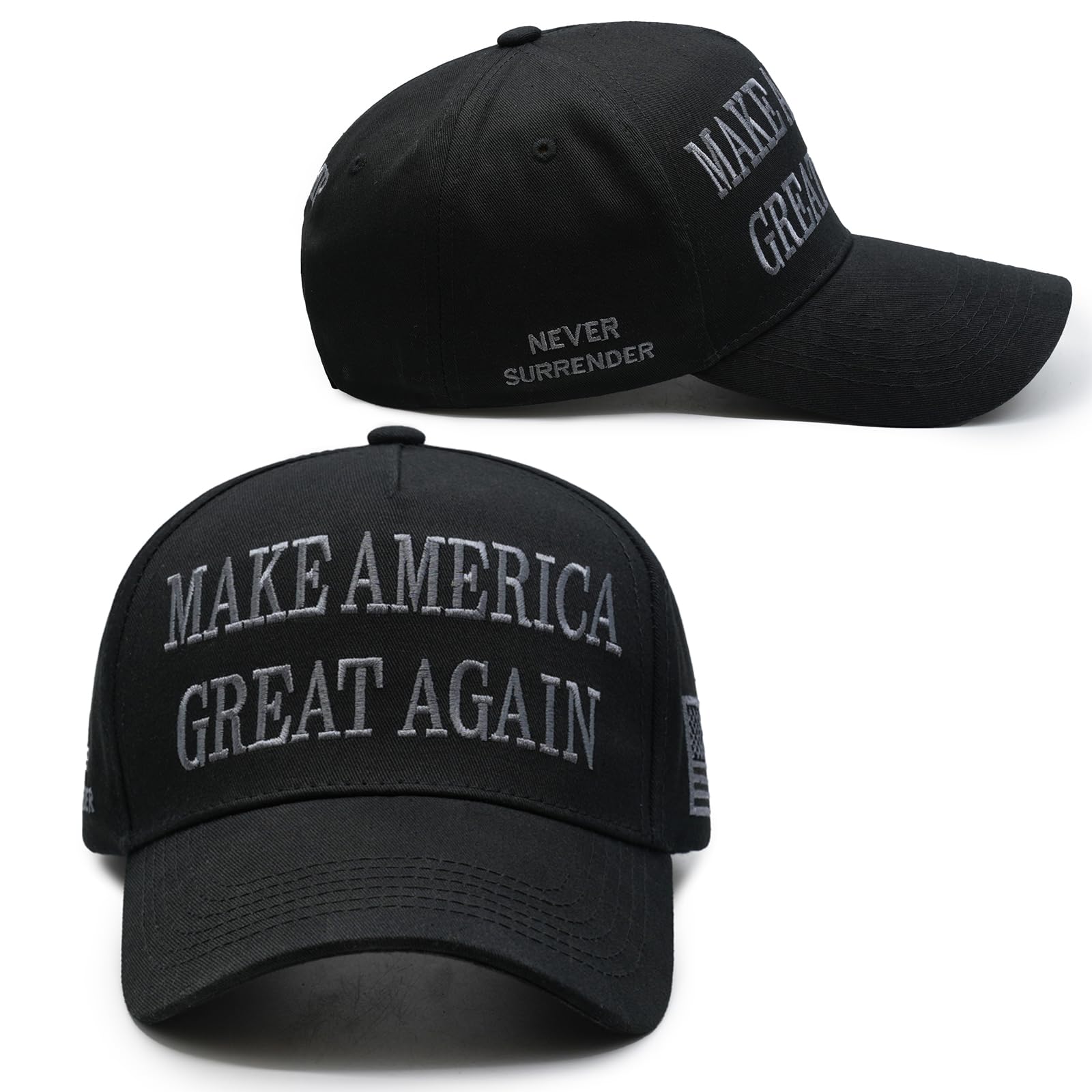 Donald Trump 45-47 Never Surrender MAGA Hat Make America Great Again Slogan with USA Flag Adjustable Baseball Cap Black