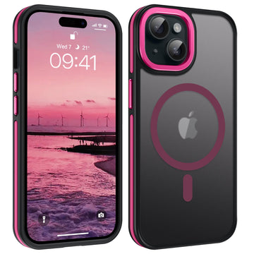 YINLAI Case for iPhone 15 Plus 6.7-Inch, iPhone 15 Plus Phone Case Magnetic [Compatible with Magsafe] Slim Translucent Matte Men Women Girls Shockproof Protective Back Cover, Black/Pink