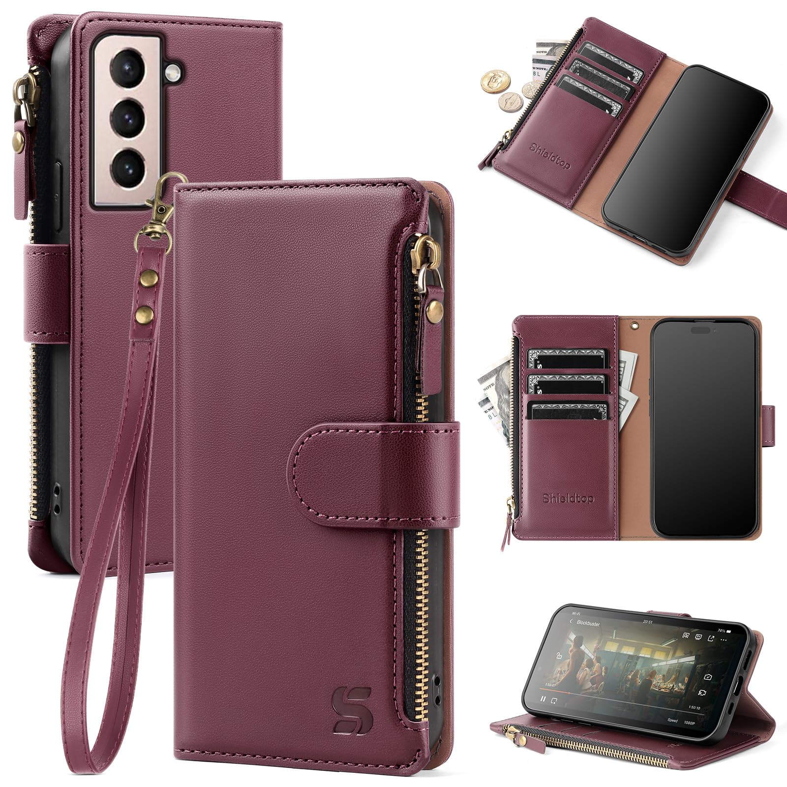 for Samsung Galaxy S21 Wallet Case with Card Holder,Women Men RFID Blocking PU Leather Flip Cover Wrist Strap Zipper Credit Card Slots,Phone Case for Galaxy S21 6.2",Wine Red