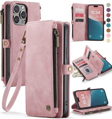 Defencase Compatible with iPhone 15 Pro Max Case Wallet with RFID Blocking Card Holder for Women Men, PU Leather Magnetic Snap Flip Zipper Strap Wallet Phone Case Fit for iPhone 15 Pro Max, Rose Pink