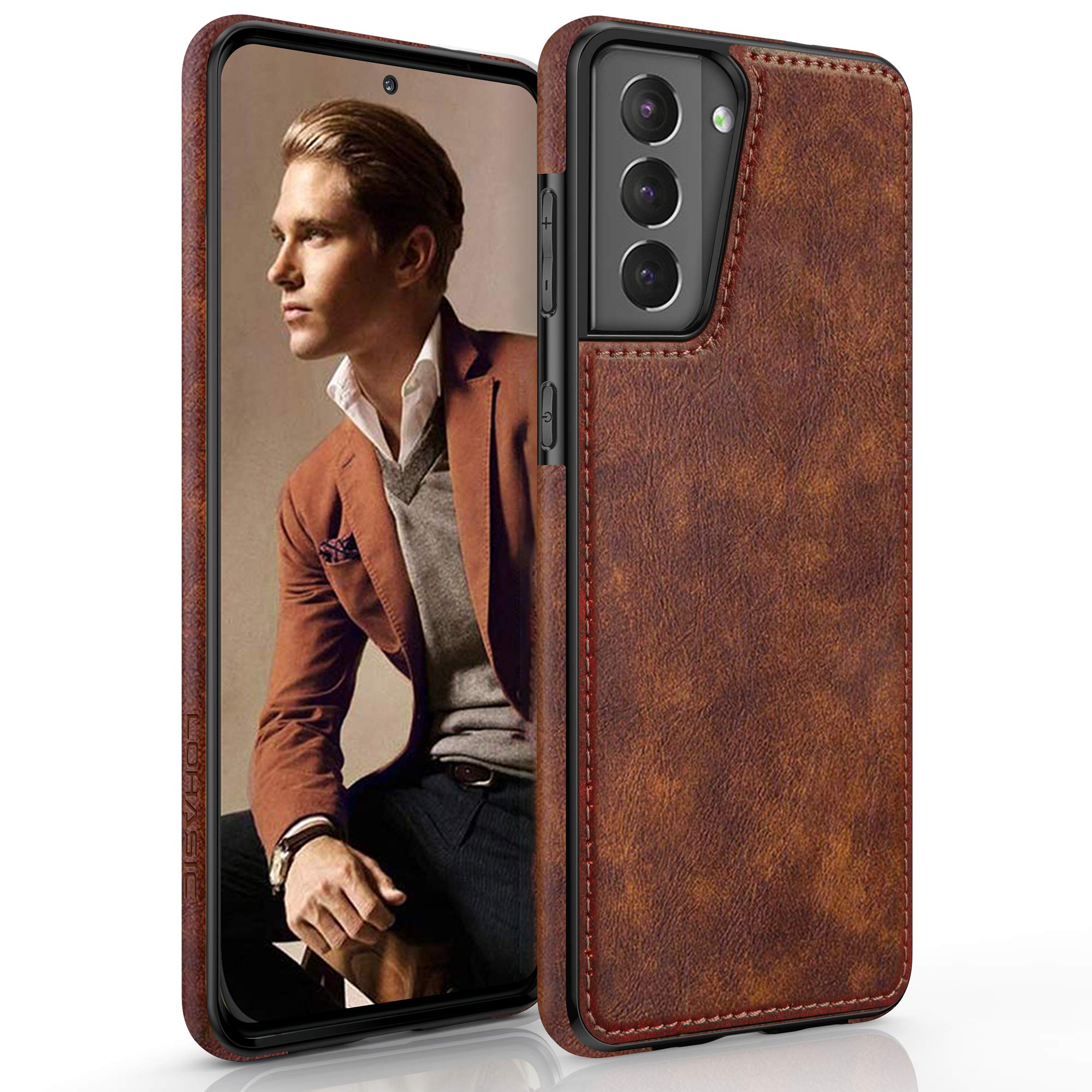 LOHASIC for Galaxy S21 Case 5G, Premium Leather Luxury PU Non-Slip Grip Rugged Bumper Shockproof Full Body Protective Cover Men Women Phone Cases for Samsung Galaxy S21 6.2 inch (2021) - Brown