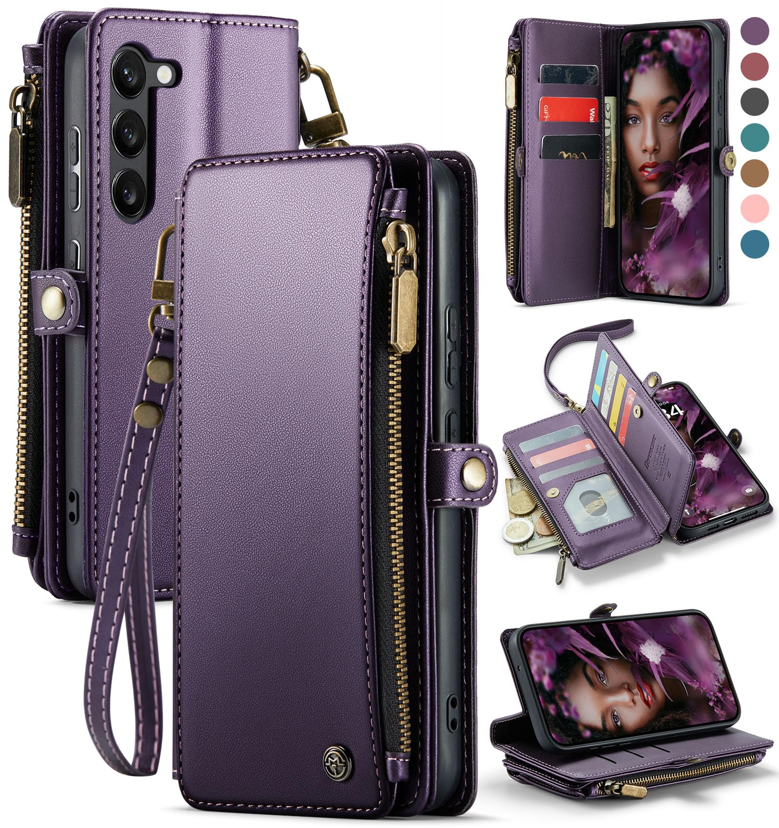 Defencase Compatible with Samsung Galaxy S23 Plus Case Wallet with RFID Blocking Card Holder for Women, PU Leather Magnetic Snap Flip Zipper Strap Phone Case Fit for Galaxy S23 Plus 5G 6.6", Purple