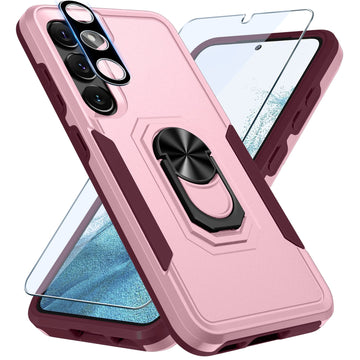 Janmitta Compatible with Samsung Galaxy S23+ Plus Case with Screen Protector+Camera Lens Protector,Heavy Duty Shockproof Full Body Phone Cover Built in Metal Ring Holder Kickstand,2023 Cute Pink