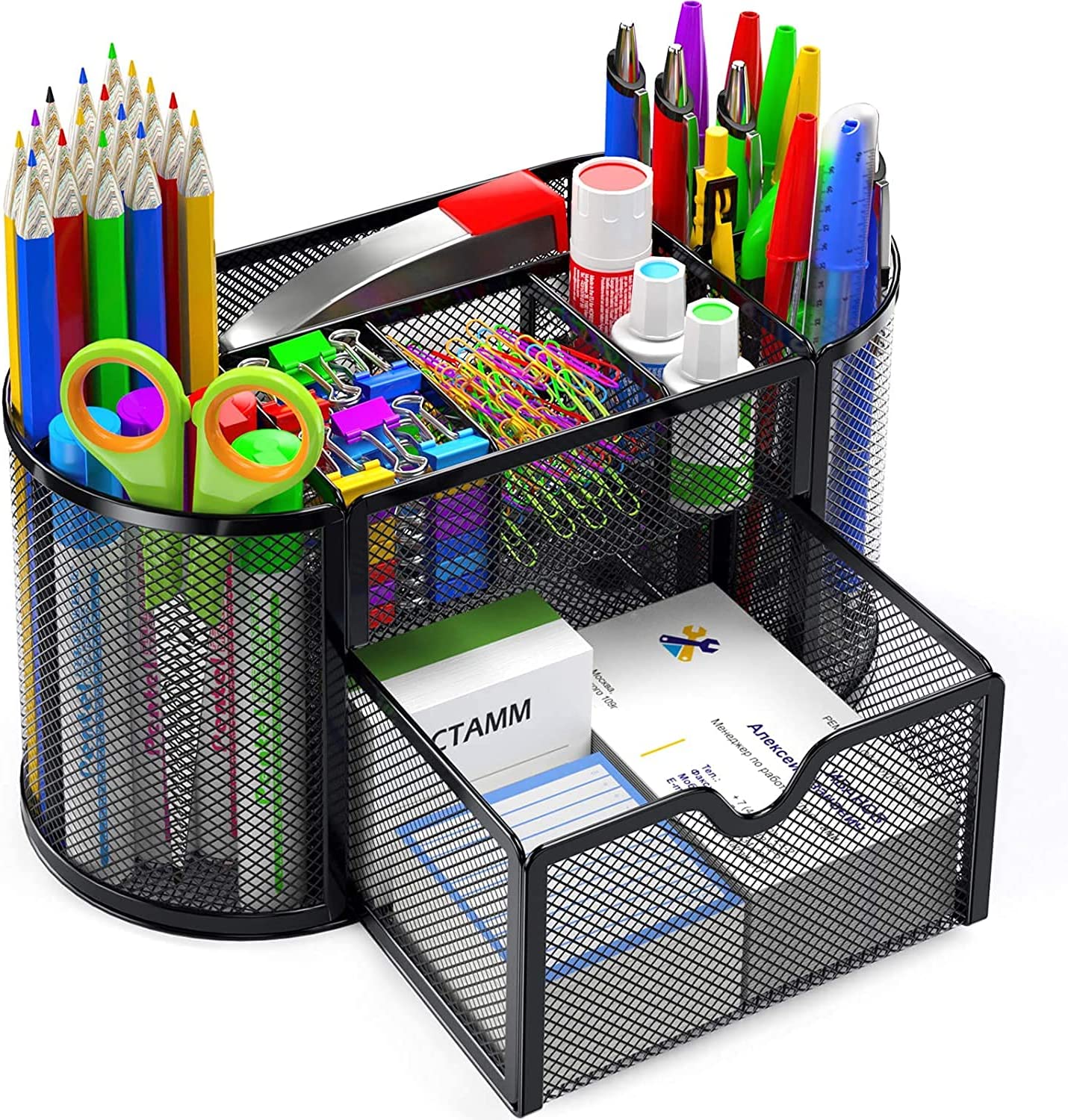 8-Compartment Mesh Desk Organizer with Drawer - Multi-functional Office Caddy