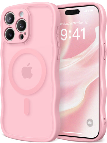 Cute for iPhone 15 Pro Max Case, Compatible with MagSafe, [Curly Wave Edge] [Full Camera Protection] [14 FT Drop Protection] Magnetic Phone Case for 15 Pro Max 6.7 Inch, Hot Pink