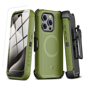 M MYBAT PRO Maverick Series iPhone 15 Pro Max Case with Belt Clip Holster,[Compatible with Magsafe]w/Screen Protector ,Anti-Drop,Shockproof,with 360°Rotating Kickstand,Heavy Duty Protection Army Green