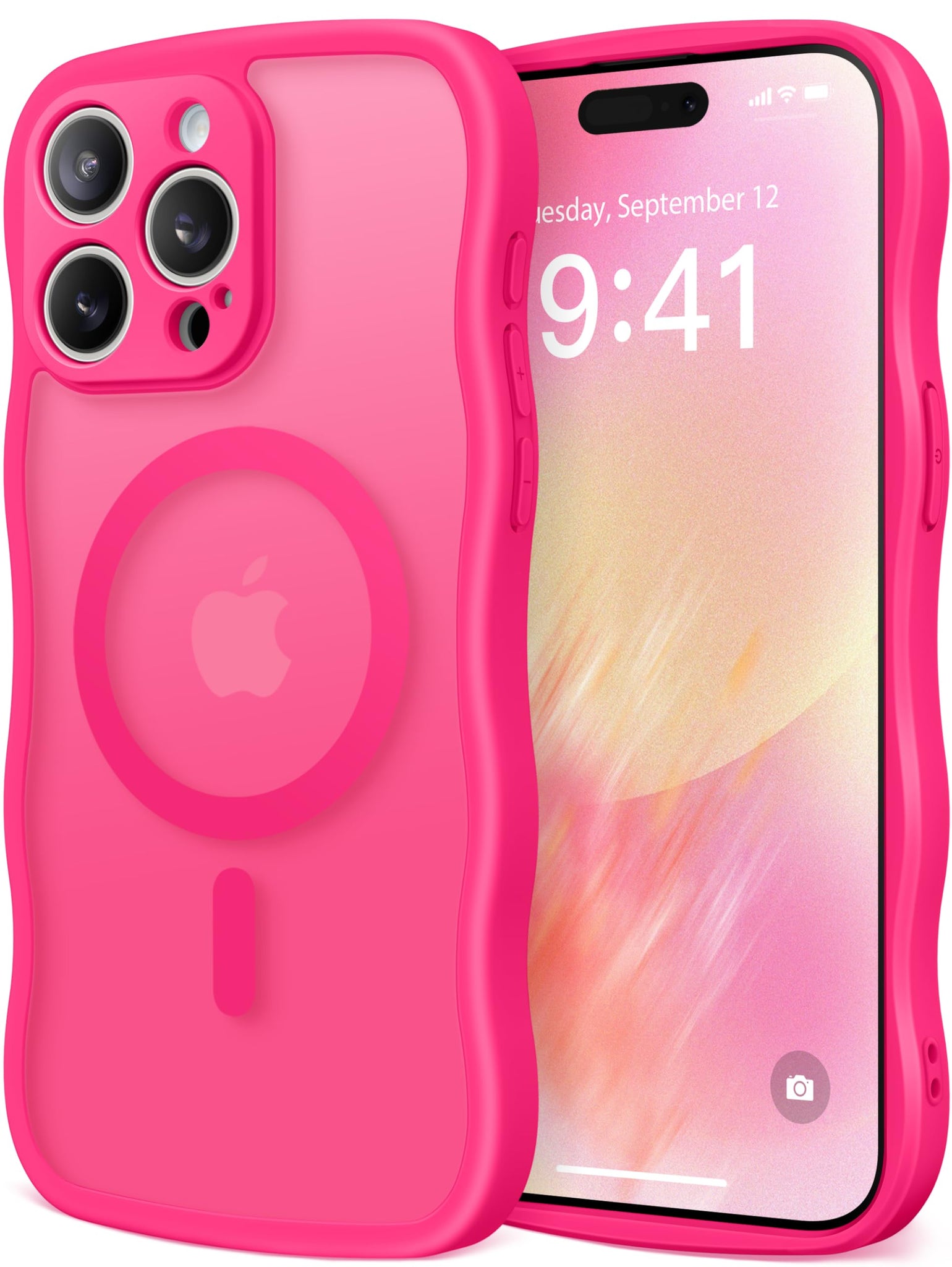 Cute for iPhone 15 Pro Max Case, Compatible with MagSafe, [Curly Wave Edge] [Full Camera Protection] [14 FT Drop Protection] Magnetic Phone Case for 15 Pro Max 6.7 Inch, Hot Pink