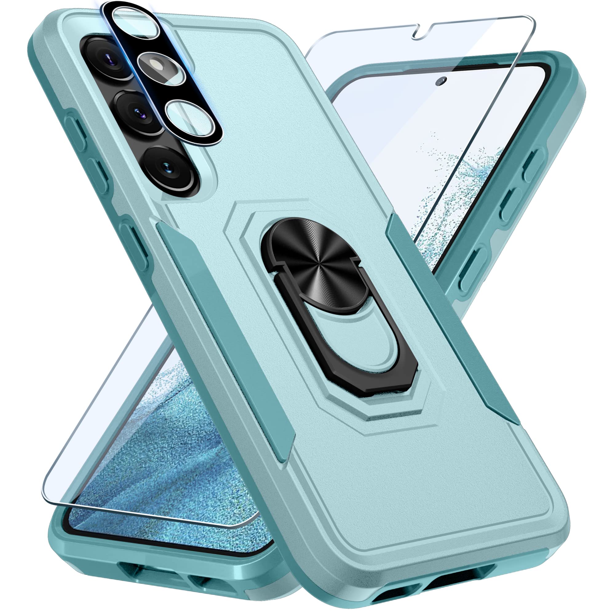 Janmitta Compatible with Samsung Galaxy S23+ Plus Case with Screen Protector+Camera Lens Protector,Heavy Duty Shockproof Full Body Phone Cover Built in Metal Ring Holder Kickstand,2023 Mint Green