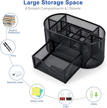 8-Compartment Mesh Desk Organizer with Drawer - Multi-functional Office Caddy