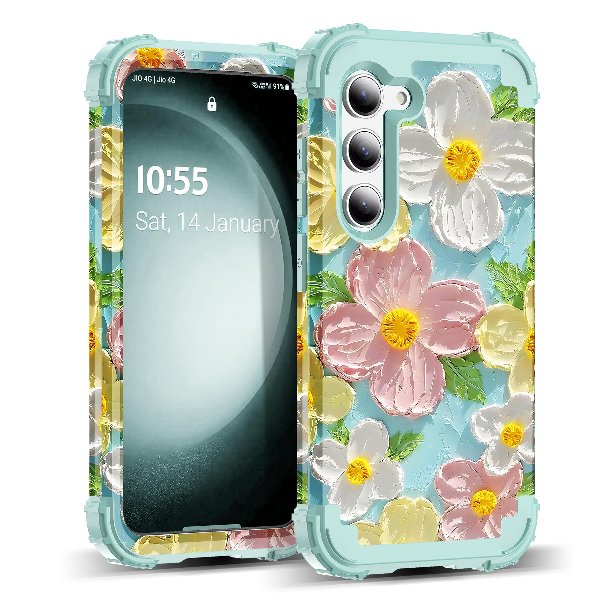 for Galaxy S23 Plus Case,3 in 1 Oil Painting Flower Pattern Heavy Duty Shockproof Protection Silicone Rubber Bumper+Hard Plastic Protective Cover for Samsung S23 Plus 6.6",Green Flower