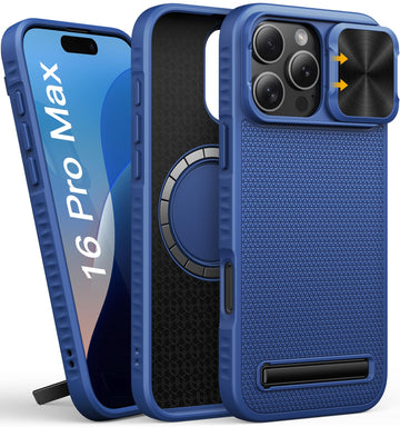 for iPhone 15 Pro Max Case with Stand, Compatible with MagSafe, Sliding Camera Cover, Military-Grade Drop Protection Rugged Hard Magnetic Silicone Phone Case for iPhone 15 Pro Max 5g 2023,Blue