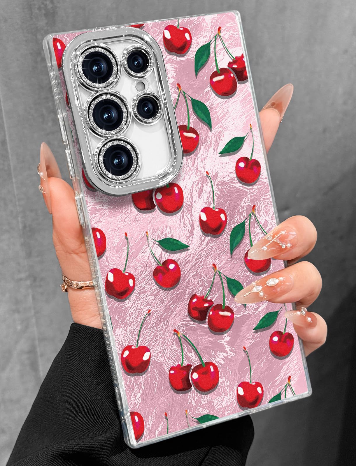 Toycamp Compatible with Samsung Galaxy S24 Ultra Case - Cute Glitter PK Cherry S24 Ultra Phone Case with Bling Camera Lens Protector Laser Holo Galaxy S24 Ultra Cover for Women Girly