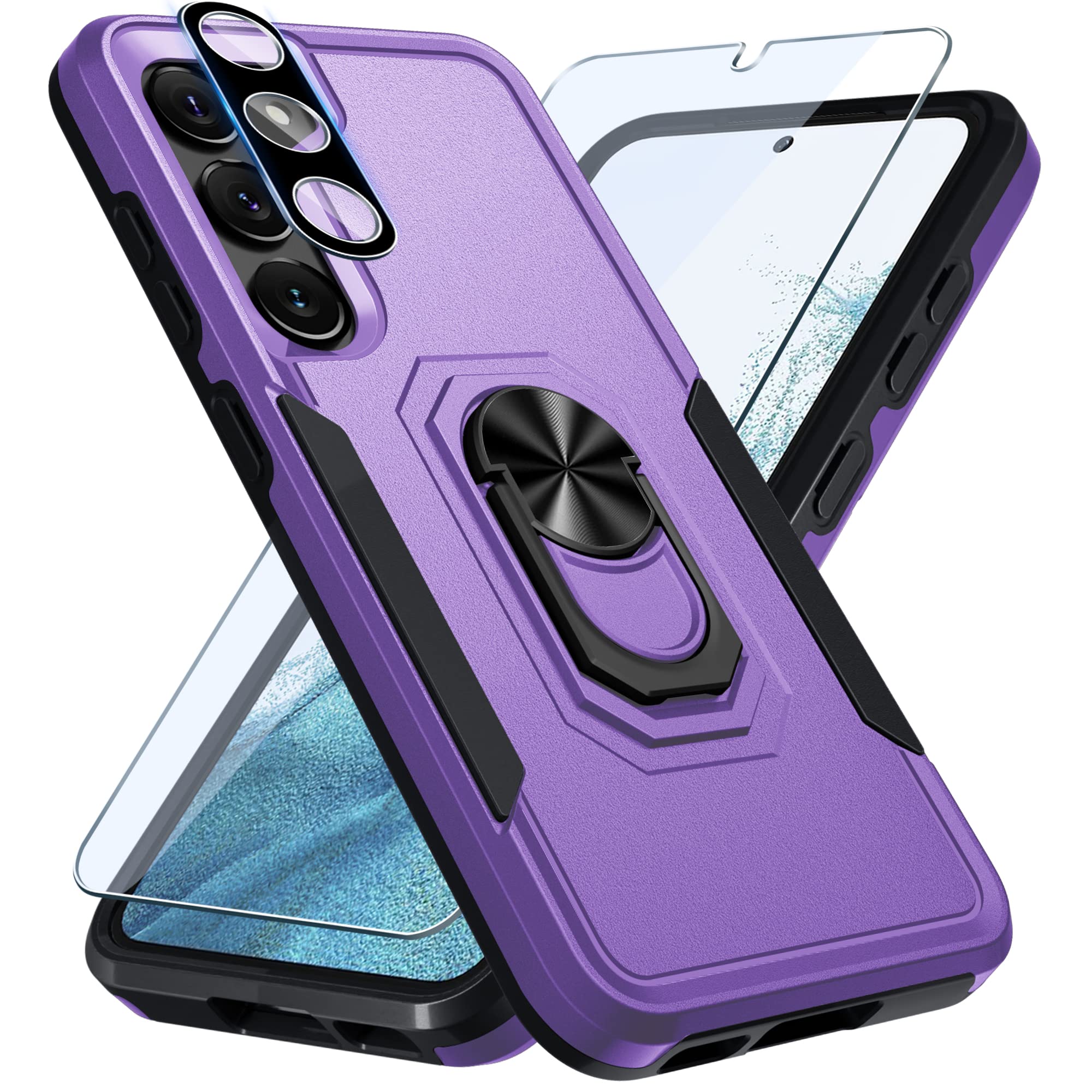 Janmitta Compatible with Samsung Galaxy S23+ Plus Case with Screen Protector+Camera Lens Protector,Heavy Duty Shockproof Full Body Phone Cover Built in Metal Ring Holder Kickstand,2023 Lavender