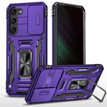 ANNGELAS for Samsung Galaxy S23 Plus Phone Case, Shockproof Silicone TPU Bumper Anti-Fall Protection Cases, Slide Camera Cover & Rotating Ring Kickstand for Galaxy S23 Plus 6.6Inch 5G, Deep Purple