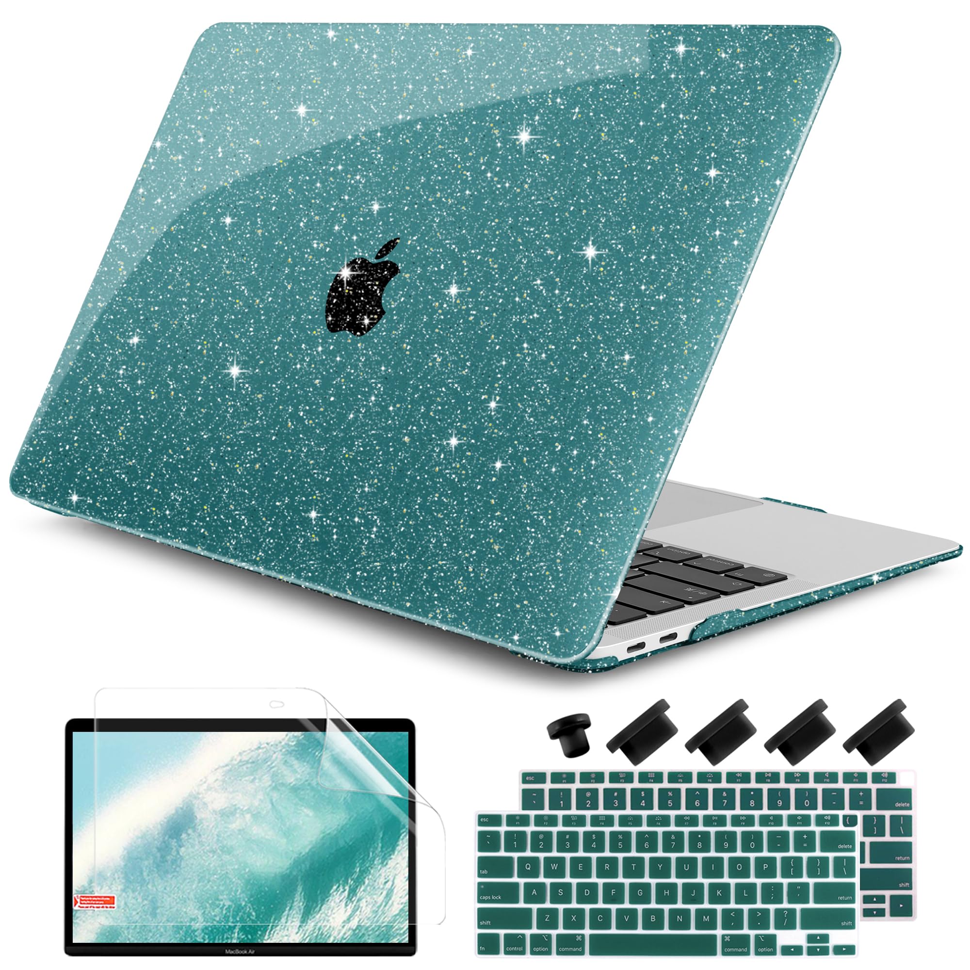 DONGKE for MacBook Air 13 inch Case 2021-2018 Release A2337 M1 A2179 A1932, Bling Plastic Hard Shell Case & Keyboard Cover Only Compatible with MacBook Air 13 inch Retina Fits Touch ID, Sparkly Teal