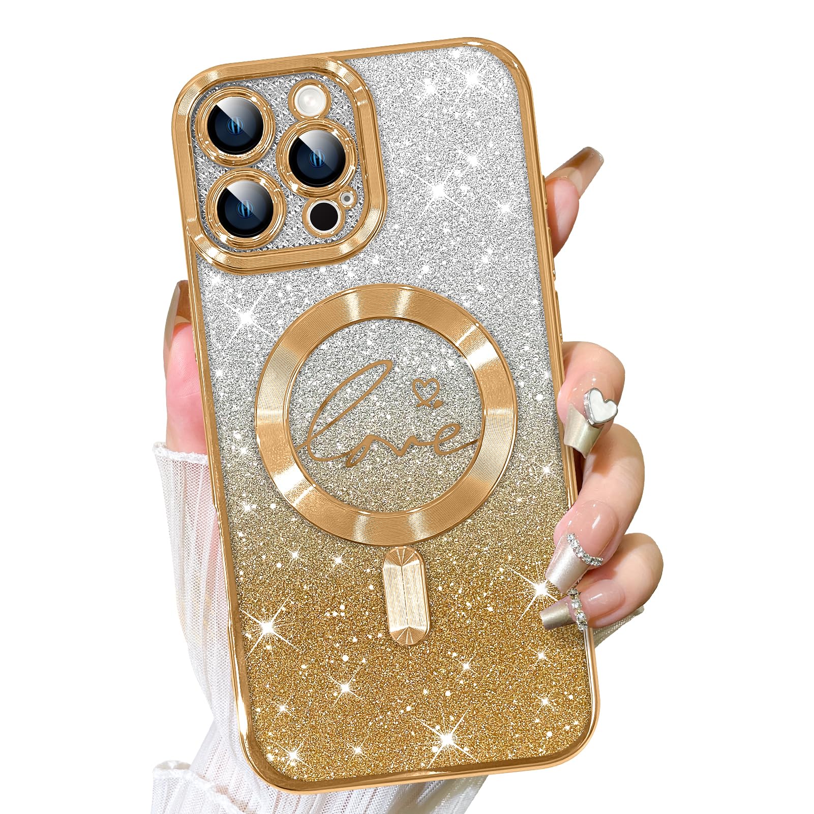 Fiyart Designed for iPhone 16 Pro Max Case,Compatible with MagSafe Love Hearts Plating Camera Protection Clear Phone Case, Magnetic Glitter for Women Girls Shockproof Bumper 6.9"-Gold