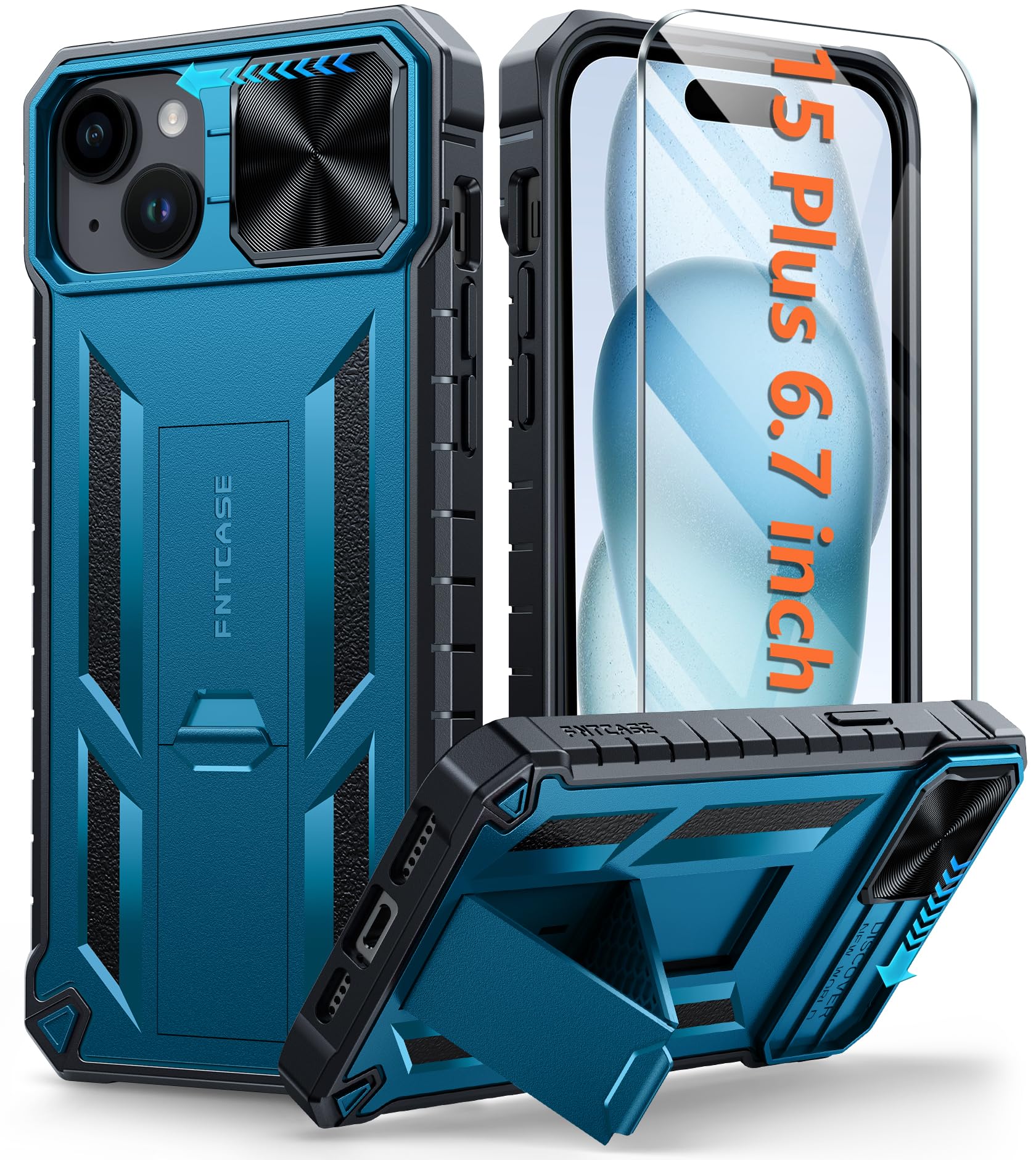 FNTCASE for iPhone 15 Plus Case: Heavy Duty Shockproof Cover with Kickstand | Rugged Military Grade Drop Proof Protection Matte Textured TPU Protective Sturdy Phone Shell Blue