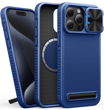 for iPhone 15 Pro Max Case with Stand, Compatible with MagSafe, Sliding Camera Cover, Military-Grade Drop Protection Rugged Hard Magnetic Silicone Phone Case for iPhone 15 Pro Max 5g 2023,Blue