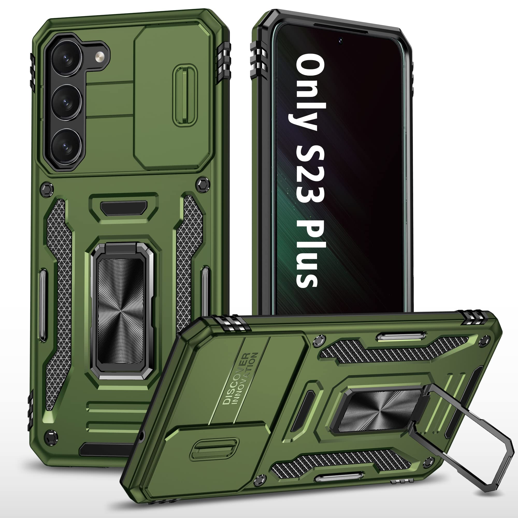 ANNGELAS for Samsung Galaxy S23 Plus Phone Case, Shockproof Silicone TPU Bumper Anti-Fall Protection Cases, Slide Camera Cover & Rotating Ring Kickstand for Galaxy S23 Plus 6.6Inch 5G, Olive Green