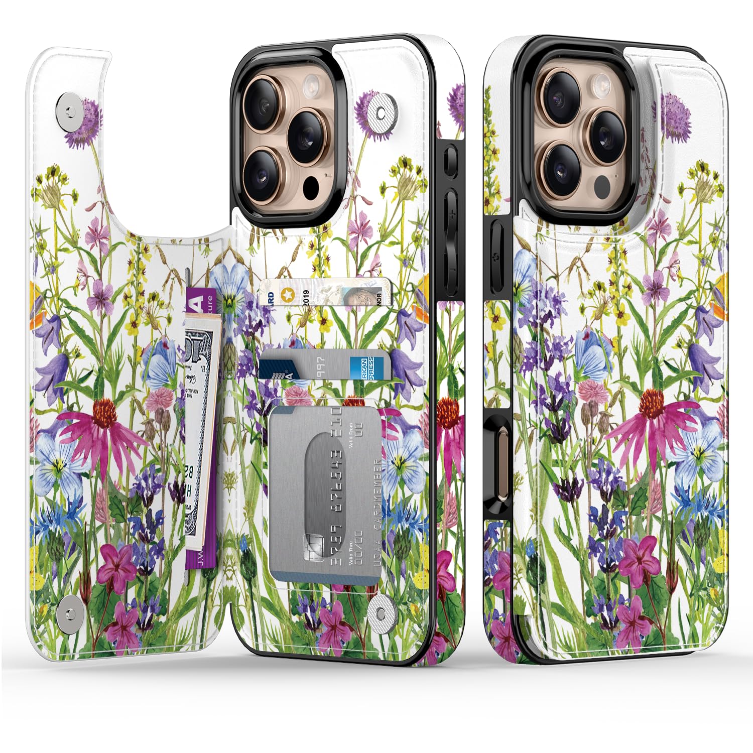 Goodon for iPhone 16 Pro Case Wallet - Flip Folio Leather Cover with Trendy Floral Design, 3 Card Slots & Kickstand Function, Stylish Protective Phone Case for Women and Girls - Blooming Wildflowers