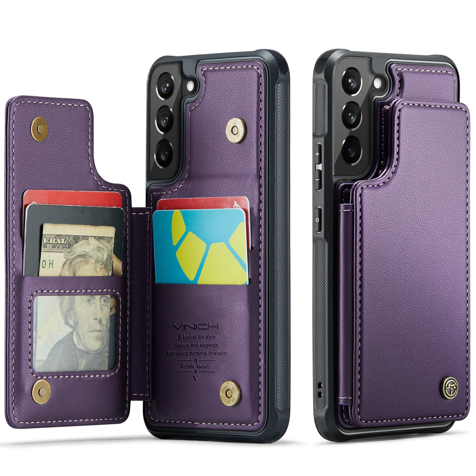 Vinich for Samsung Galaxy S22 Case with Card Holder, for Samsung S22 Wallet Case for Women Men with RFID Blocking, Durable Kickstand Shockproof Phone Case for Galaxy S22 5G, Purple