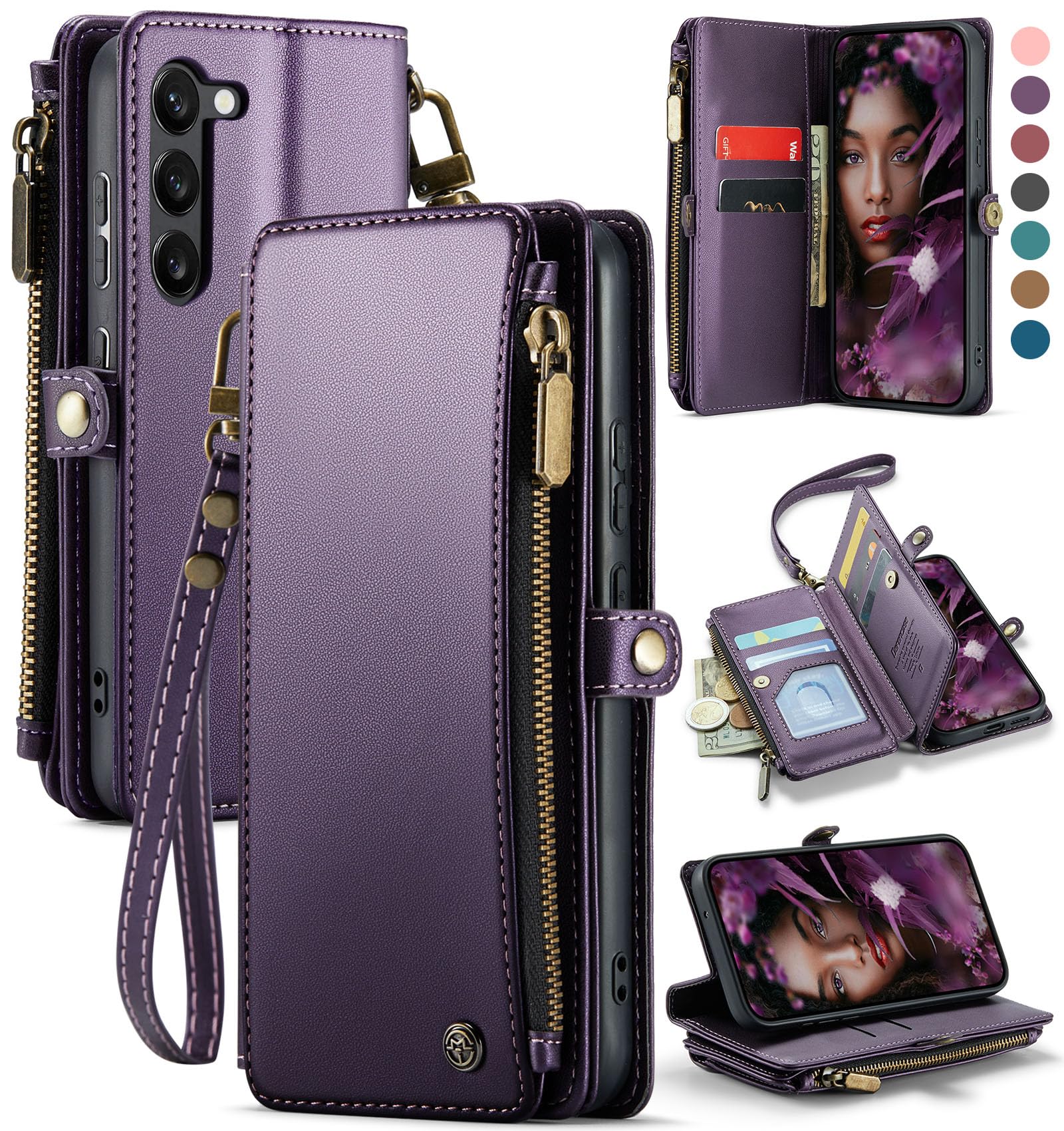 Defencase Compatible with Samsung Galaxy S23 Case Wallet with RFID Blocking Card Holder for Women Men, Soft PU Leather Magnetic Snap Flip Zipper Strap Wallet Phone Case Fit for Galaxy S23 6.1", Purple