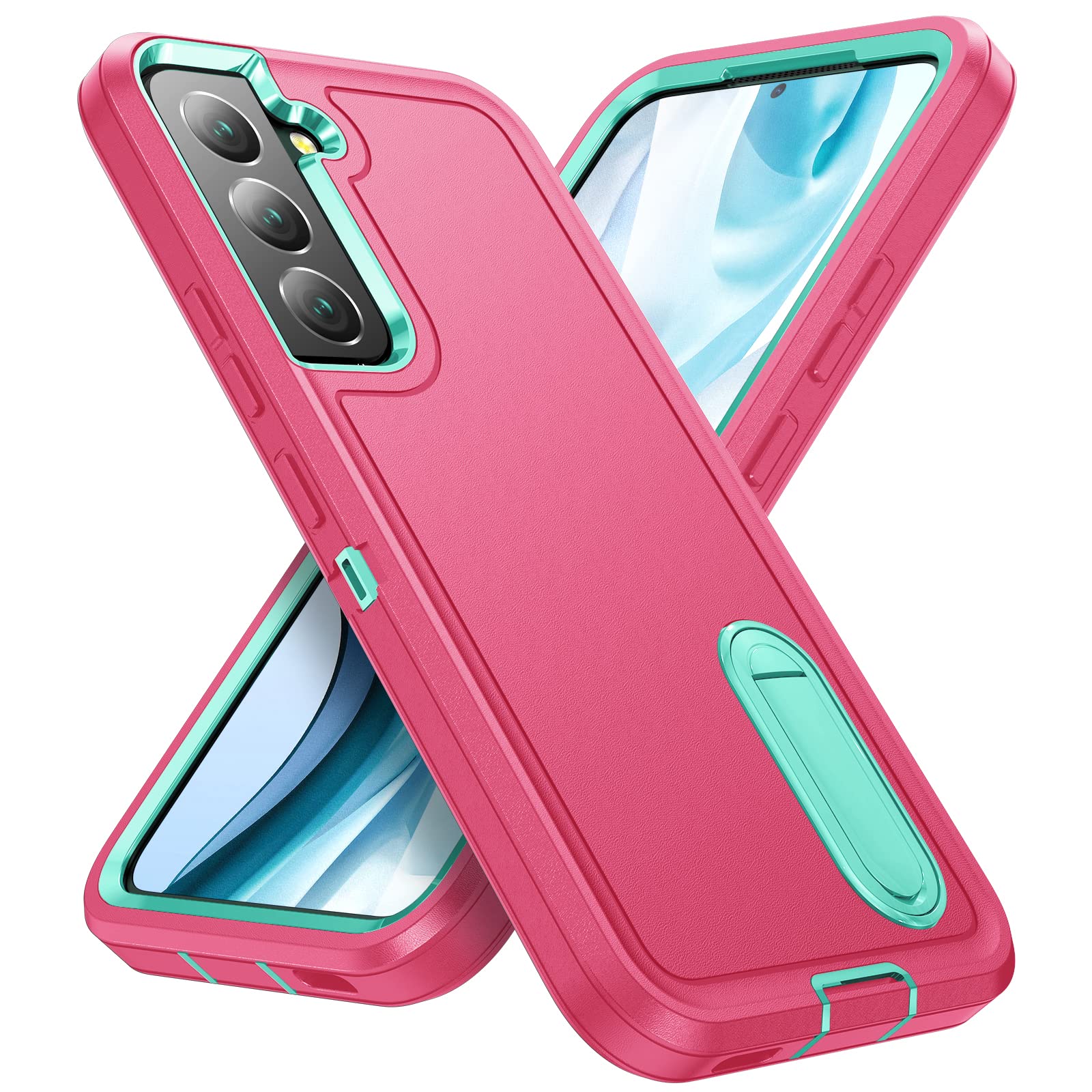 for Samsung Galaxy S22 Plus Case Galaxy S22+ Case with Kickstand Case 3-Layer Military Grade Protective Case Cover Silicone Rugged Shockproof for Galaxy S22 Plus S22+ Phone Case (Rose Red+Cyan)