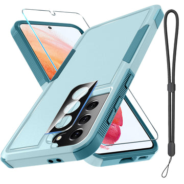 for Samsung Galaxy S21 Case, Full Body Heavy Duty Rugged Shockproof Protective Phone Cover with Lanyard Strap, Tempered Glass Screen Protector and Camera Lens Cover, Mint Green