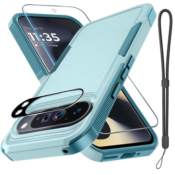 RMOCR Case for Google Pixel 9 Pro XL, Full Body Heavy Duty Rugged Shockproof Protective Phone Cover with Lanyard Strap, Tempered Glass Screen Protector and Camera Lens Cover, Mint Green