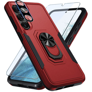 Janmitta Compatible with Samsung Galaxy S23+ Plus Case with Screen Protector+Camera Lens Protector,Heavy Duty Shockproof Full Body Phone Cover Built in Metal Ring Holder Kickstand,2023 Red