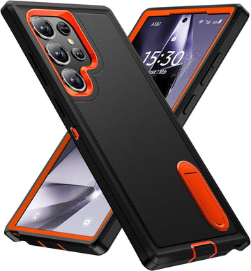 BaHaHoues Black/Orange Samsung Galaxy S24 Ultra Case with Built-in Kickstand