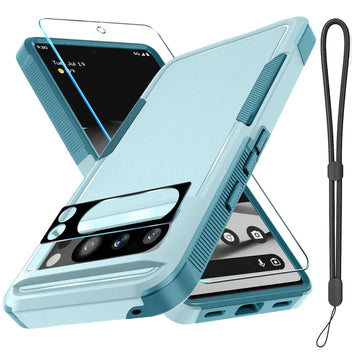 RMOCR Case for Google Pixel 8 Pro, Full Body Heavy Duty Rugged Shockproof Protective Phone Cover with Wrist Lanyard Strap, Tempered Glass Screen Protector and Camera Lens Cover, Mint Green