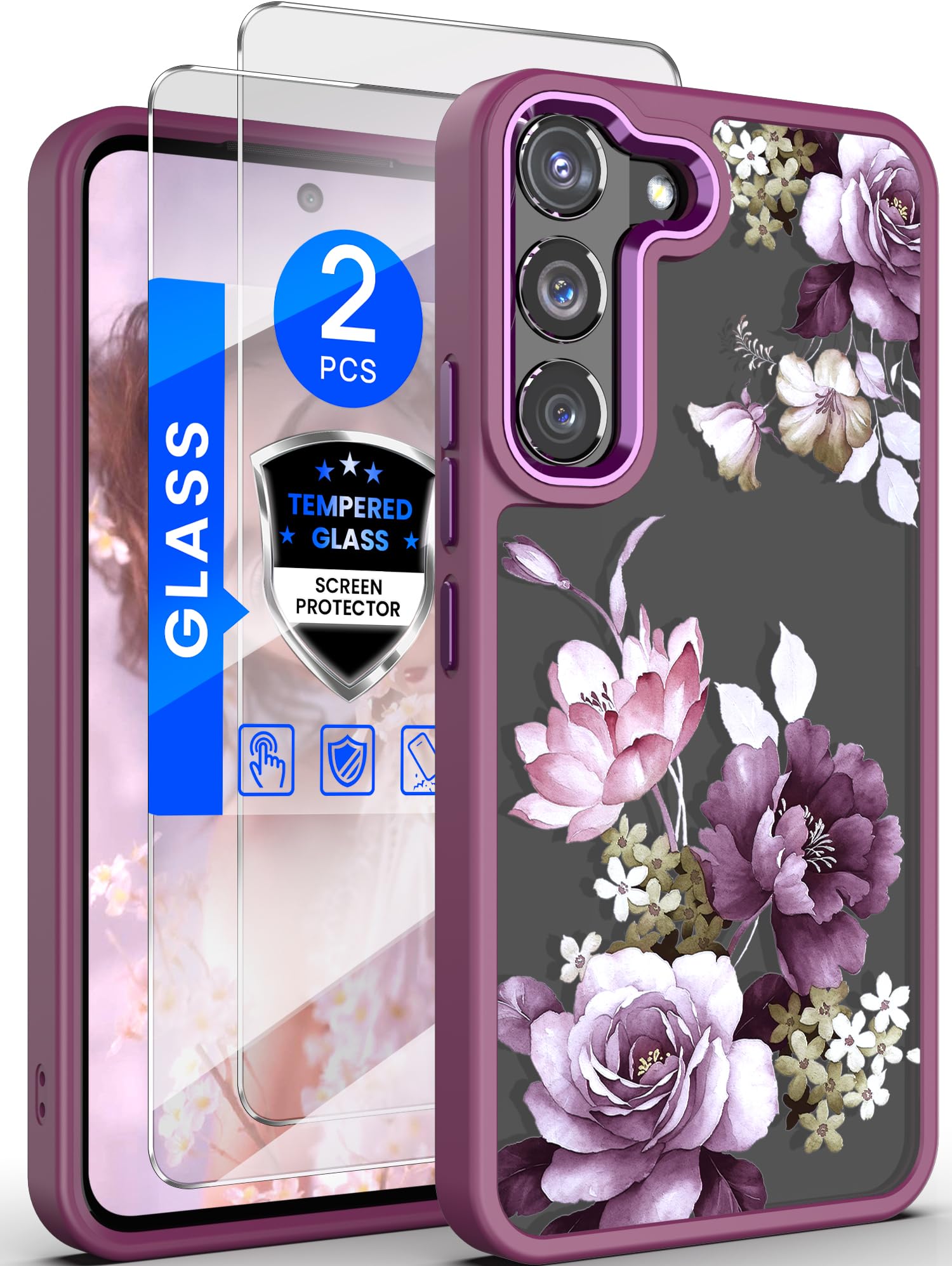 Dretal for Samsung Galaxy S22 5G Case Floral, Military Grade Drop Tested Hard Back & Soft Edge Slim Flower Women Girls Phone Protective Cover + Tempered Glass Screen Protector for Galaxy S22 (Purple)