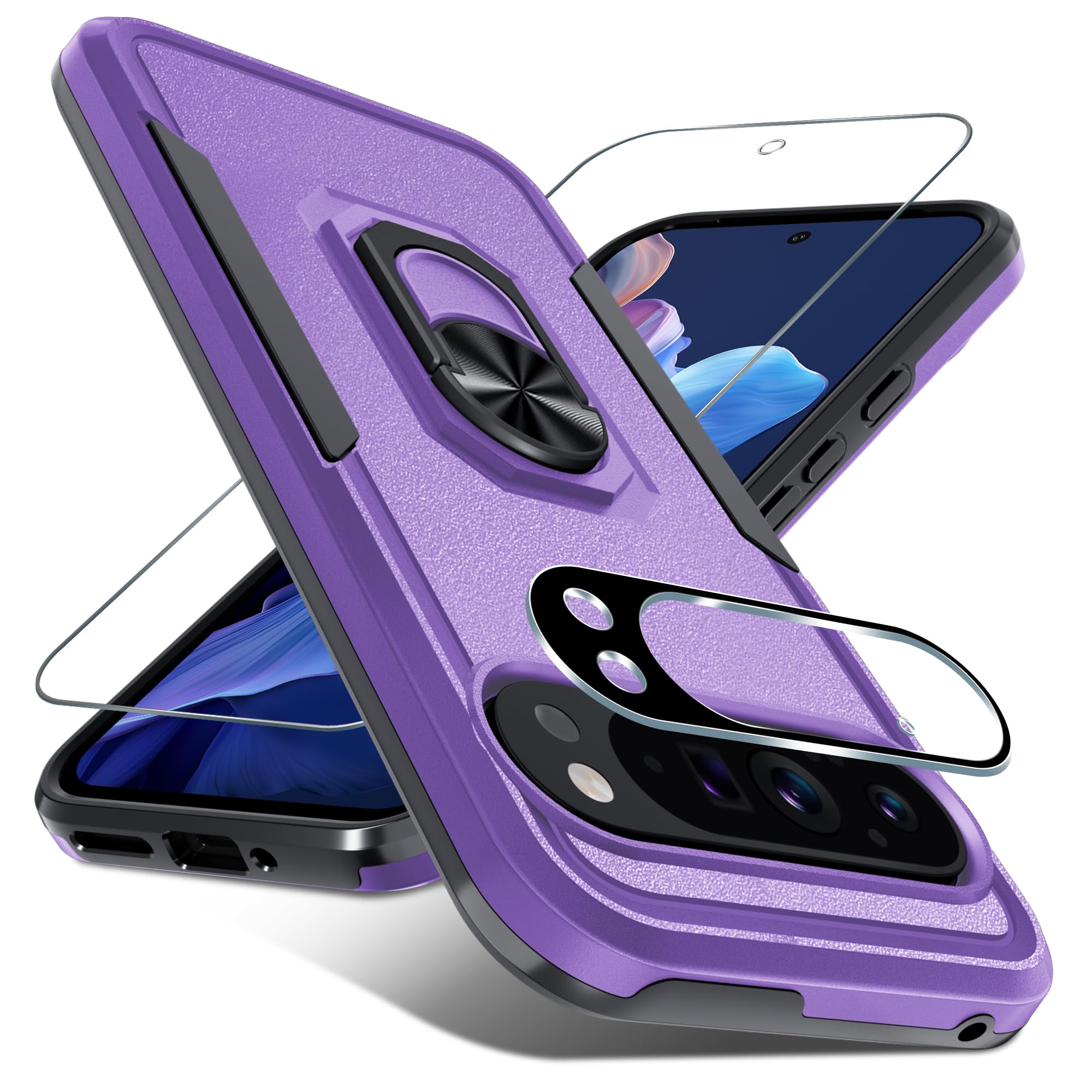 Janmitta for Google Pixel 9 Pro XL Case with Screen Protector+Camera Lens Protector,Heavy Duty Shockproof Full Body Phone Cover Built in Metal Ring Holder Kickstand,2024 Lavender