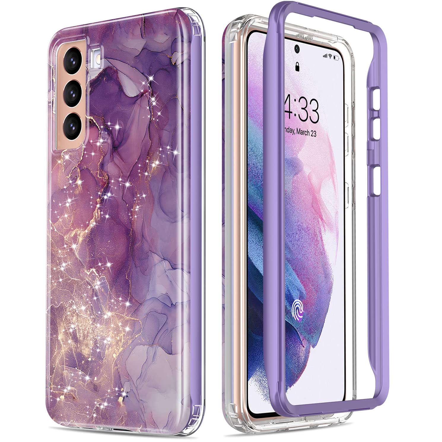 ESDOT for Samsung Galaxy S21 Case,Military Grade Passing 21ft Drop Test,Rugged Cover with Fashionable Designs for Women Girls,Shockproof Protective Phone Case for Galaxy S21 6.2" Glitter Purple Marble